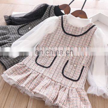 2020 New autumn girls childrens black pink plaid dress