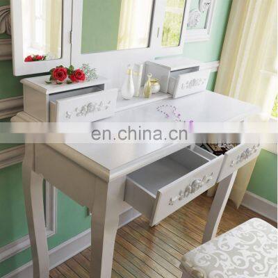 French Style Carving Wood Dressing Table Set Bedroom Dresser photo-3