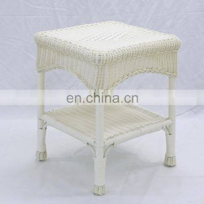 Patio Furniture Outdoor Rattan Wicker Steal Side Table with Shelf  End Table,White