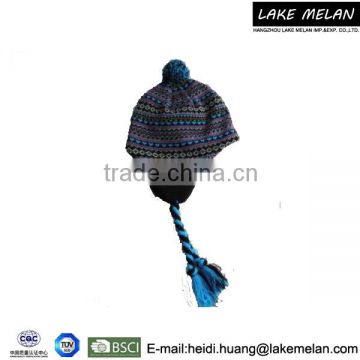 Hot Selling 100% Acrylic Knitted Earflap Hat With Pompon