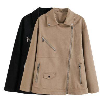 Women's suede texture effect motorcycle style lapel jacket jacket