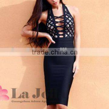 Wholesale Women Fashion Sexy Black Night Wearing hollow out Bandage Dress