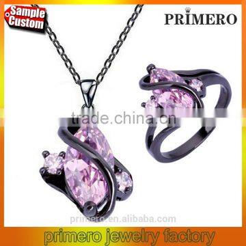 Luxury Wedding Rings And Necklaces Vintage Square Sapphire 10KT Gold Filled Pink CZ Diamond Jewelry Set