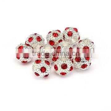 Top Quality 8mm Red Color Metal Style #2 Caystal Rhiestone Ball Shape Shape Spacer Silver Plated 10pcs Per Bag