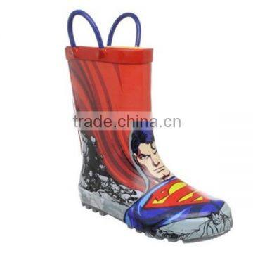 superman printed cool wholesale kids rubber rain boots with handle fancy hot sale gum boots