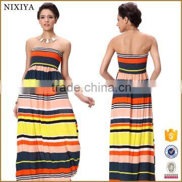 Stylish Lady Women Sexy Strapless Sleeveless Backless Patchwork Wave Stripe Contrast Color Maxi Long Dress