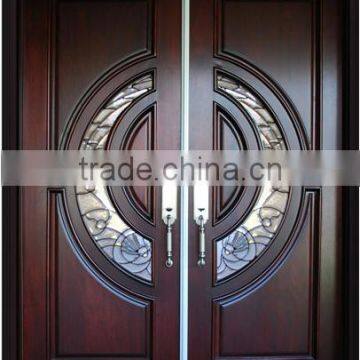 36 in. x 96 in. Exterior Front Entry Double House African Mahogany Wood Main Door Design With Art Glass Inlay