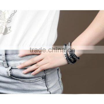 2016 New Cool Jewelry Three Wraps Black Genuine Chain Link Leather Bracelet for Men