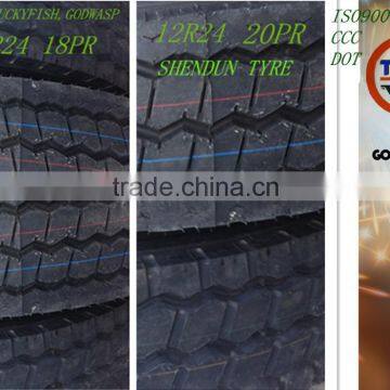 China heavy truck tire 12R24 20PR/18PR TL tubeless,Our brand:Luckyfish,Godwasp,SHIPMENT Quantity 190 sets/(1*40HC Container)