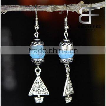 4*1cm Vintage Silver Color Stone Beads Drop Earrgings for Women