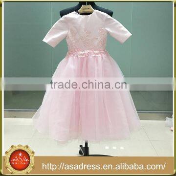 ASAP-09 Real Pictures Beaded Applqiues Tulle Satin Jewel Neck Short Sleeves Pink Ball Gown Flower Girl Dresses