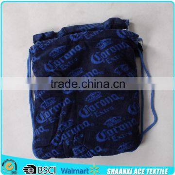 100% Cotton velour printing Corona brand promotional beach towel bag brand logo shoulder drawstring bag in towel fabric