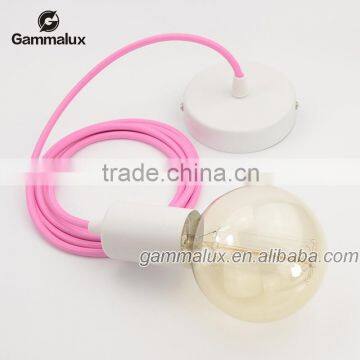 Iron Light Cord Set with Pink Round Wire and White Ceiling Rose with Lampholder