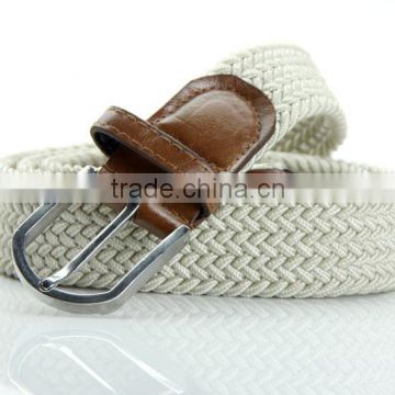 Beige Braided Elastic Stretch Belt with Leather Tip