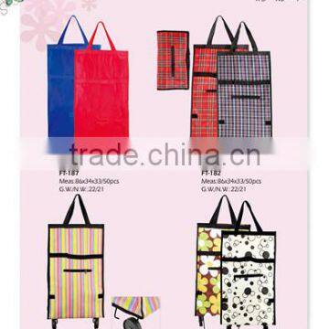 Rolling shopping bag catelogue, folding customize fabric shopping cart with wheel and seatl