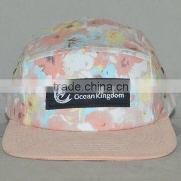 Guangzhou hat factory professional custom 100% polyester / 5 panel/pink camouflage with dark blue/woven label mark/flat brim hat