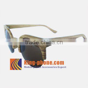 Half Rim Wood Brown Lens Round Sunglasses