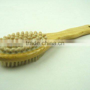 Wood Bath Brush With Natural Bristle oval Head with massager dot