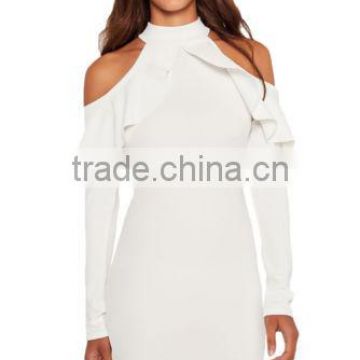 Women Frill Cold Shoulder Long Sleeve Mini Short Bodycon Club Dress White