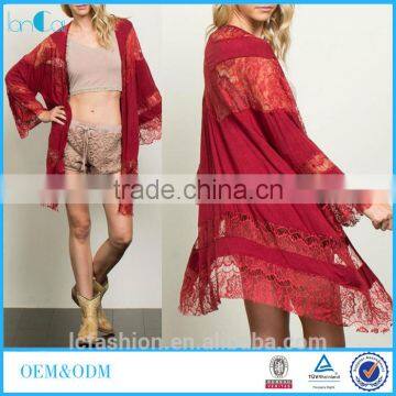 2016 Autumn custom clothes red lace cotton kimono for women long sleeve tops