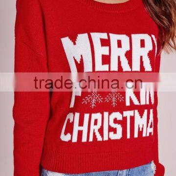 Custom Design Women Merry Christmas Crew Neck Cropped Jumper Red Knitwear Sweater Pullover photo-6
