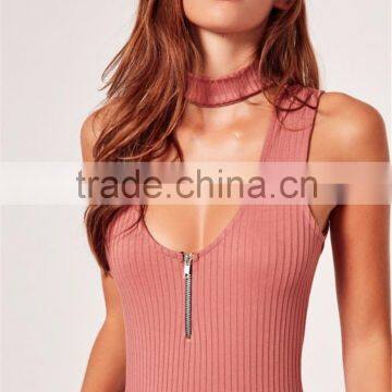 Pink Cut Out Mock Neck Zipper Infront Sleeveless Bodysuit Cotton Blends Sexy Scoop Neck Sweater photo-3