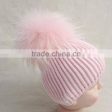 Myfur Baby Pink Striped Pattern Knitting Hat with Real Raccoon Fur Bobble