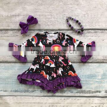 dress spring summer baby girls ruffles unicorn rainbow dress clothing cotton boutique outfits with matching bow & necklace