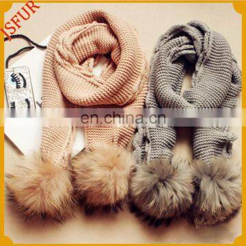 Top quality wool knitted hand raccoon fur pom pom customizedl scarf