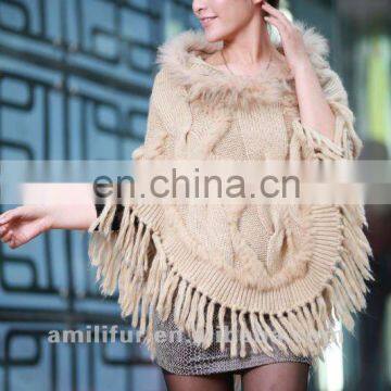 Fur Knit Hooded Poncho New Style For 2012/2013 Ladies' Fashion Knit Hooded Poncho