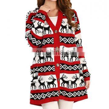 High Quality Women Oversized Colorful Buttons Knit Deer Pattern Christmas Ugly Long Cardigan Sweater