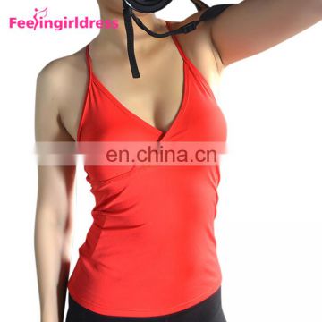 Latest Design Red Sleeveless Low Back Women Fitness Sport T Shirt