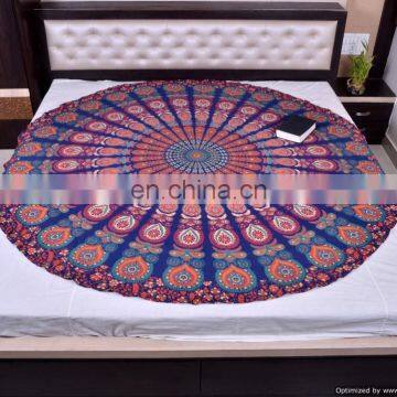 Blue Mandala Indian Wall Hanging Round Tapestry Ethnic Bohemian Roundie Bed Throw Hippie Beach Throw 72" Round Boho