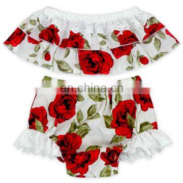 Peach Flower Ruffle Off Shoulder Top Diaper Cover Wholesale Baby Clothes Girl Clothes Set