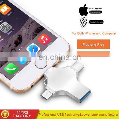 USB 2.0 Flash Drive Metal USB Memory Stick Drive FOUR Functions in One U Flash Disk for iPhone/iPad/android/PC