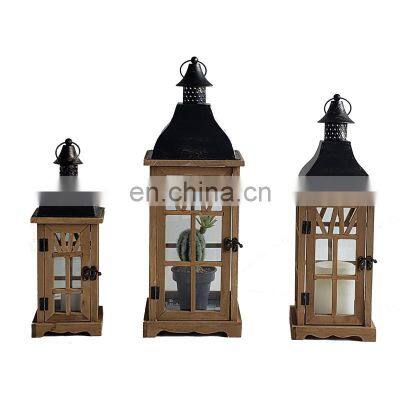 Set Of 3 Simple Creative Home Decoration Wooden Candlestick  Retro Candle Lantern Brown Wood Lantern