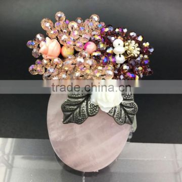 Fashion handmade wire wrap oval rose quartz/green aventurine/ pink jade & white shell flower crystal beads brooch