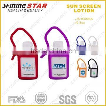 JS-03006A 2015 new design organic sunscreen lotion 15ml with silicon holder