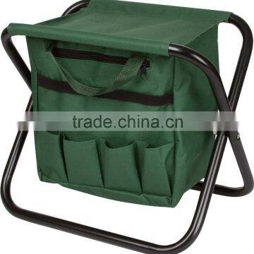 Folding gardening stool with attached tool bag