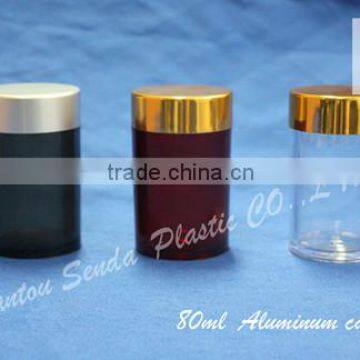 80ML amber plastic bottle with Aluminum screw cap, amber PS pill bottle, Amber acrylic bottle with silvery / golden cap