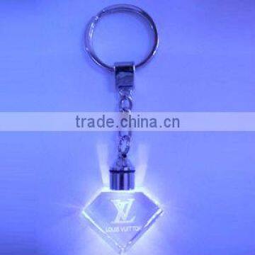 3d laser crystal Diamond Ring Keychain with Led Light, Logo Customized promotional key ring