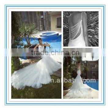 New Style Sweetheart Spaghetti Strap Mermaid Pearls Beaded Bridal Gown Hollow Back Long Train Tulle Wedding Dress (WD-CLEO)