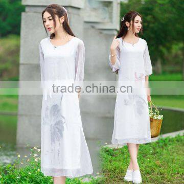 JPSKIRT1605962 Latest Fashion Ladies White Long Silk Retro Dress