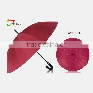 Windproof rain umbrella in wine red with straight curve handle