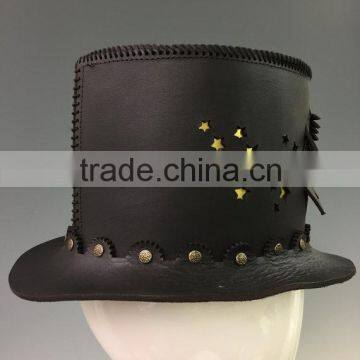 Black Leather Victorian Corset Style / Steampunk / Gothic / Emo Style Top Hat w. Solid Metal Bat Badge photo-3
