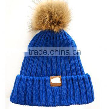 acrylic knit winter beanie hats with fur pompom detachable