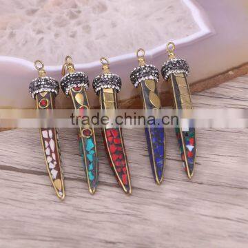 Tibetan Brass Long Horn Charm Pendant with Colorful Inlay Boho Jewelry Handmade Craft Indian Tusk Tooth Pendant