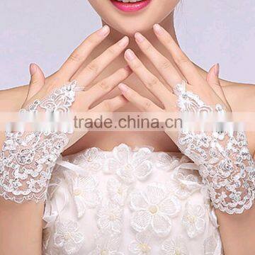 2016 Fashion Vintage Red Womens Brides Floral Bowknot Full Finger Shorts Lace Bridal Gloves