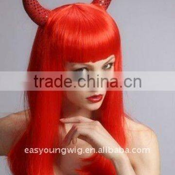 Long colorful red color hair wigs with horn, synthetic carnival wigs