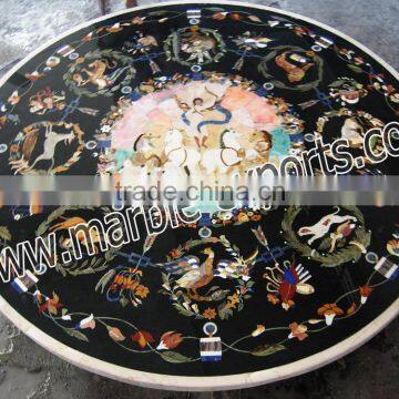 Italian Inlay Marble Dinning Table Top, Round Black Pietra Dura Table Top